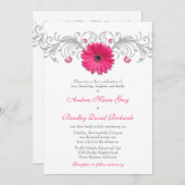 Pink Gerbera Daisy Silver Floral Wedding Kaart (Voorkant / Achterkant)