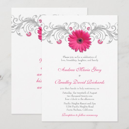 Pink Gerbera Daisy Silver Floral Wedding Kaart (Voorkant / Achterkant)