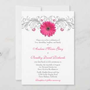 Pink Gerbera Daisy Silver Floral Wedding Kaart