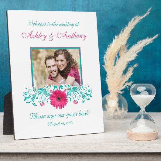 Pink Gerbera Daisy Turquoise Floral Wedding Foto Fotoplaat (Zijkant)