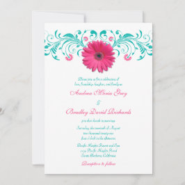 Pink Gerbera Daisy Turquoise Floral Wedding Kaart