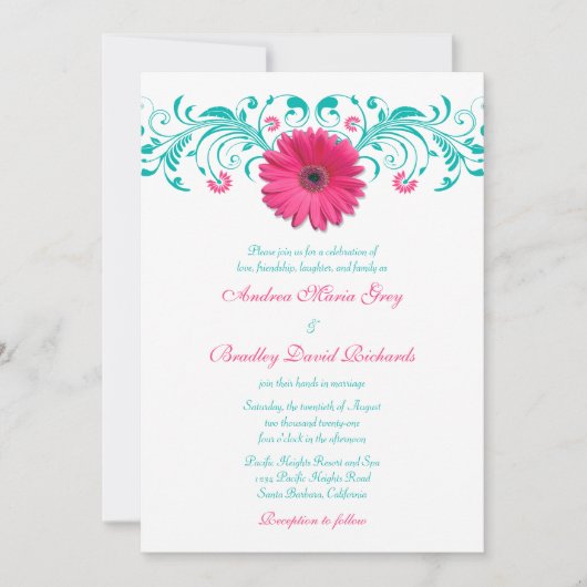 Pink Gerbera Daisy Turquoise Floral Wedding Kaart (Voorkant)