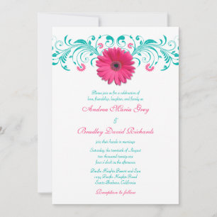 Pink Gerbera Daisy Turquoise Floral Wedding Kaart