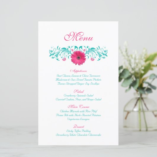 Pink Gerbera Daisy Wedding Menu Kaart (Staand voorkant)