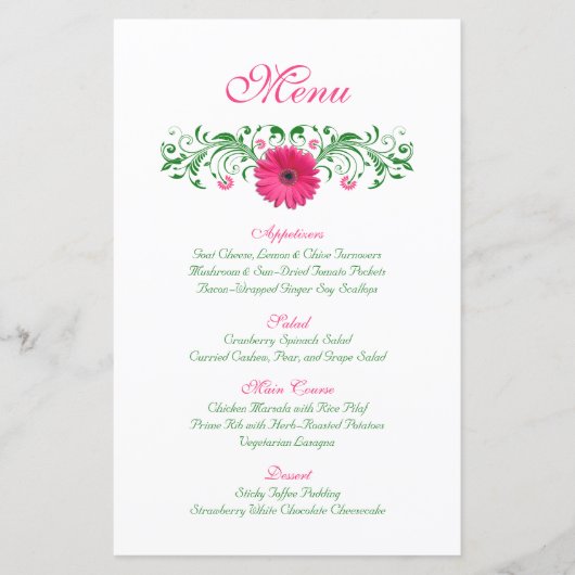 Pink Gerbera Daisy Wedding Menu Kaart (Voorkant)