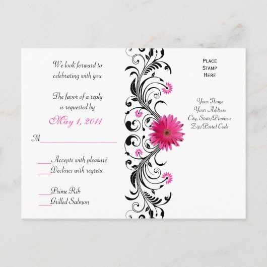 Pink Gerbera Daisy Wedding RSVP Reageer Briefkaart (Achterkant)