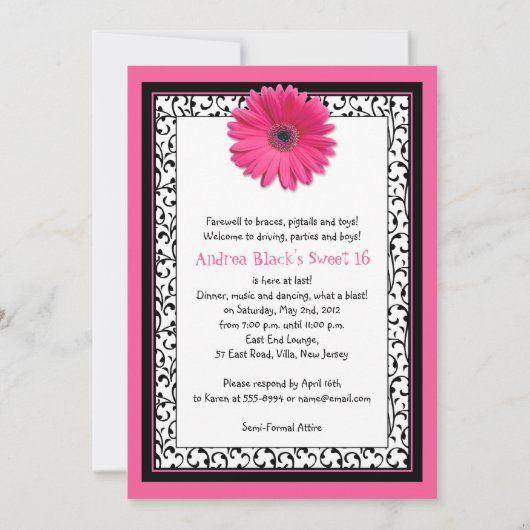 Pink Gerbera Floral Sweet 16 Birthday Invitation Kaart (Voorkant)
