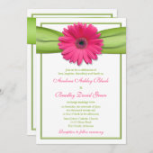 Pink Gerbera met Green Ribbon Wedding Invitation Kaart (Voorkant / Achterkant)