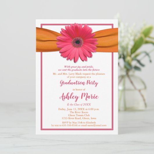 Pink Gerbera Oranje Ribbon Afstuderen Invitation Kaart (Staand voorkant)