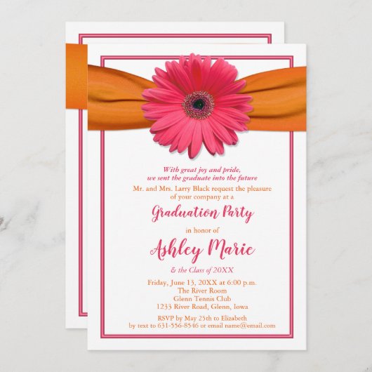 Pink Gerbera Oranje Ribbon Afstuderen Invitation Kaart (Voorkant / Achterkant)