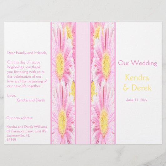 Pink Gerberas on White Wedding Programme (Voorkant)