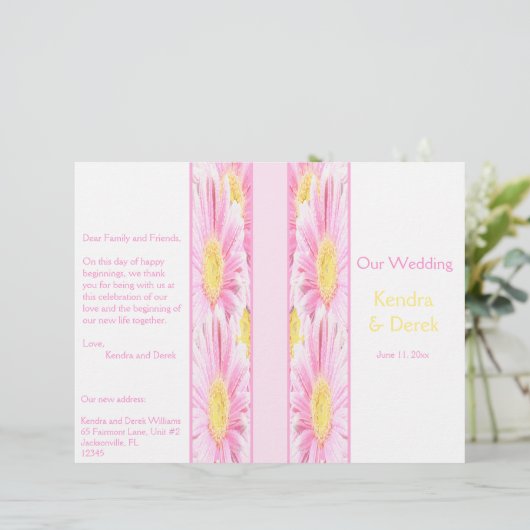Pink Gerberas on White Wedding Programme (Staand voorkant)