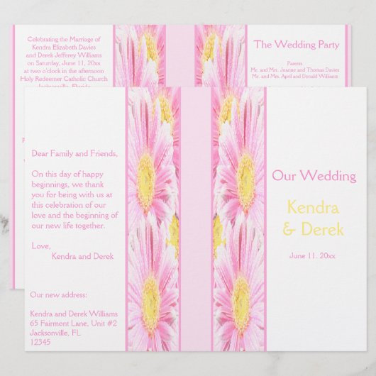 Pink Gerberas on White Wedding Programme (Voorkant / Achterkant)