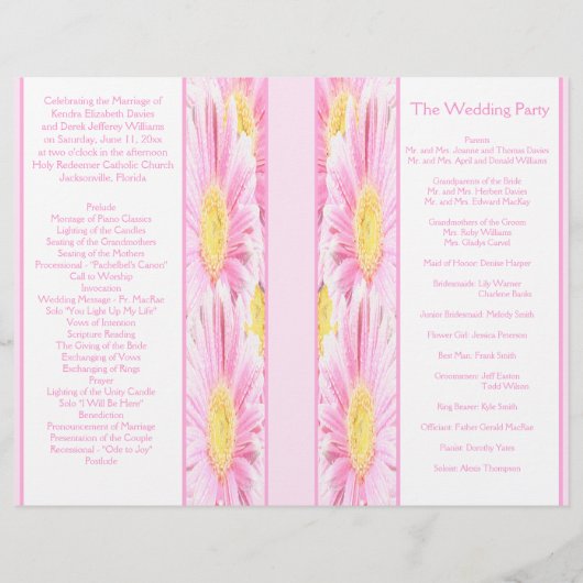 Pink Gerberas on White Wedding Programme (Achterkant)