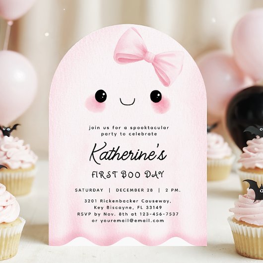 Pink Ghost eerste Boo Day Arch verjaardagsuitnodig Kaart