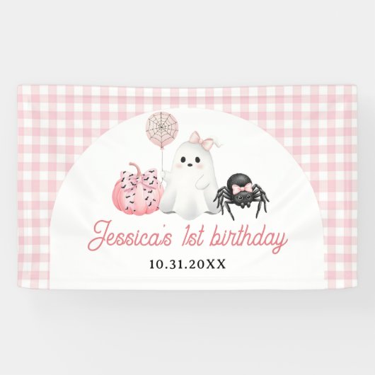 Pink Ghost Halloween 1e verjaardag Spandoek (Horizontaal)
