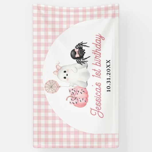 Pink Ghost Halloween 1e verjaardag Spandoek (Verticaal)