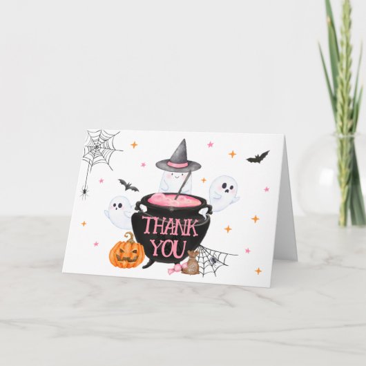 Pink Ghost Halloween Baby gaat Baby shower brouwen Bedankkaart (Voorkant)
