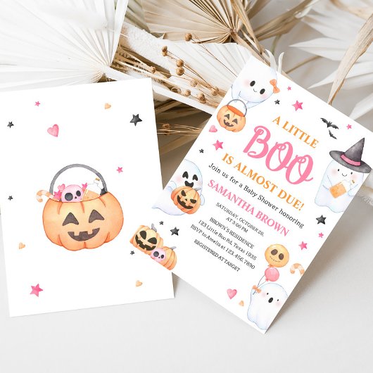 Pink Ghost Halloween Little Boo Baby shower Kaart