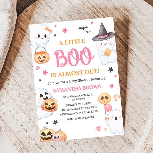 Pink Ghost Halloween Little Boo Baby shower Kaart