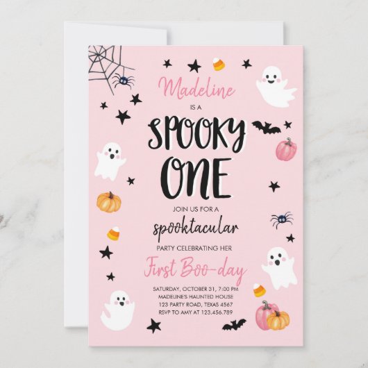 Pink Ghost Halloween Spooky One 1st Birthday Party Kaart (Voorkant)