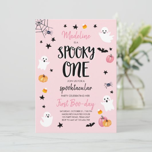 Pink Ghost Halloween Spooky One 1st Birthday Party Kaart (Staand voorkant)