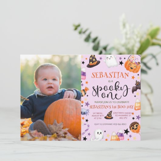 Pink Ghost Halloween Spooky One 1st Birthday Party Kaart (Staand voorkant)