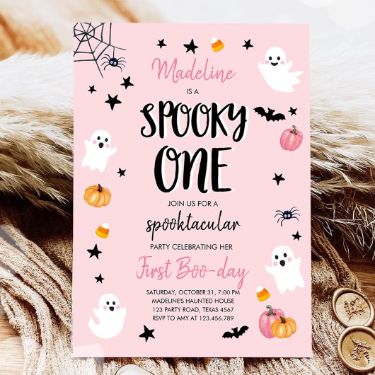 Pink Ghost Halloween Spooky One 1st Birthday Party Kaart