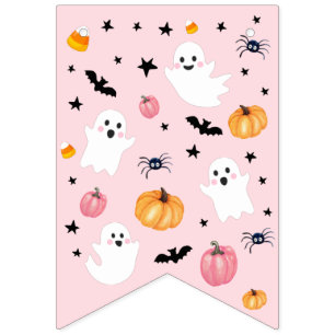 Pink Ghost Halloween Spooky One Happy Birthday Vlaggetjes