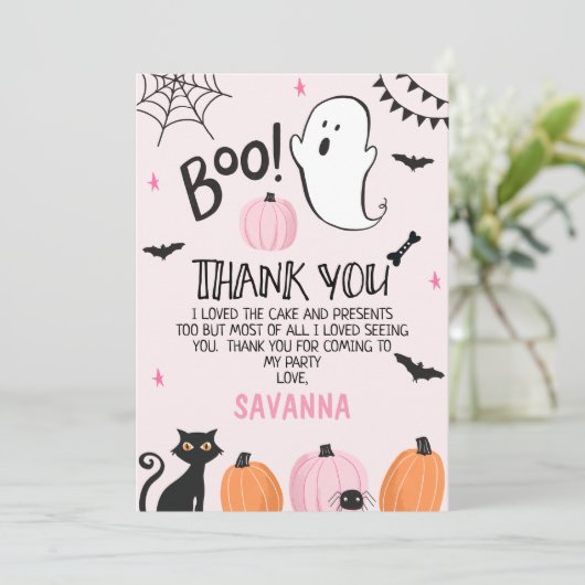 Pink Ghost Halloween Verjaardag Dank u Kaart (Staand voorkant)