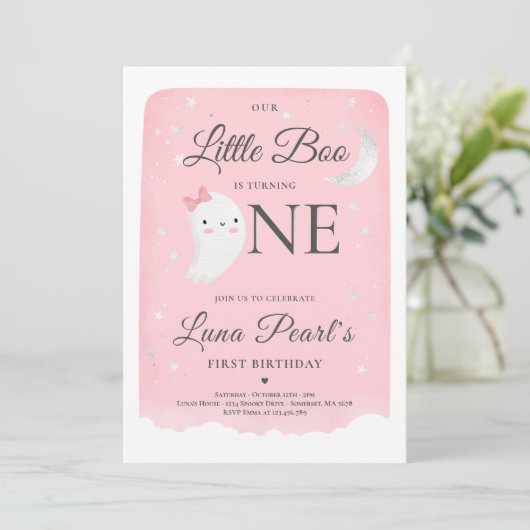 Pink Ghost Little Boo Verjaardagsfeestje Halloween Kaart (Staand voorkant)