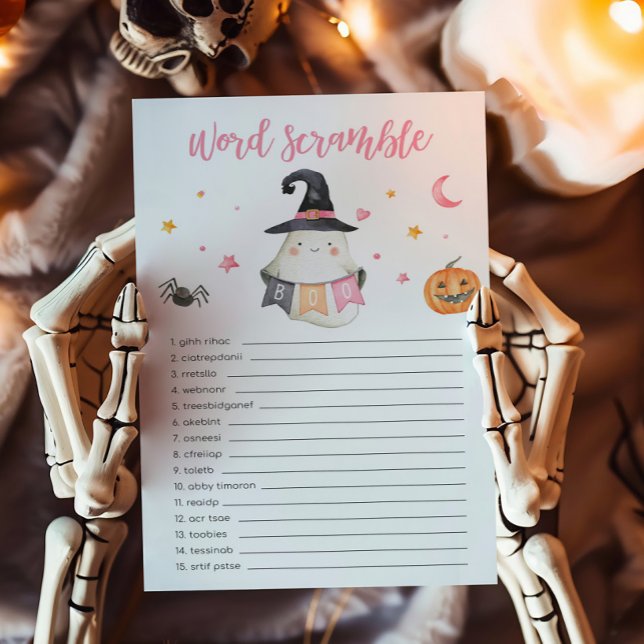 Pink Ghost Little Boo Word Scramble spel (Little Boo Baby Shower Word Scramble Game)
