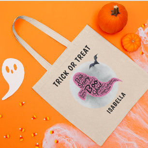 Pink Ghost Monogram Naam Trick or treat Canvas tas