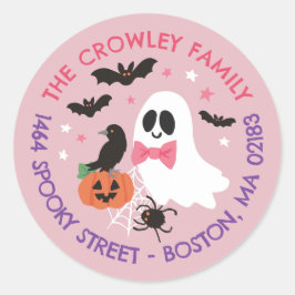 Pink Ghost Raven Halloween Familie Retouradres Ronde Sticker