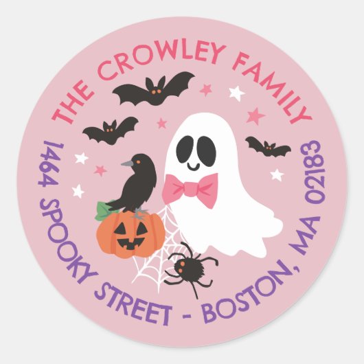 Pink Ghost Raven Halloween Familie Retouradres Ronde Sticker (Voorkant)
