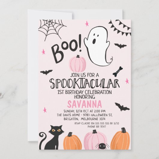 Pink Ghost Spooktacular Halloween 1e Verjaardag Kaart (Voorkant)