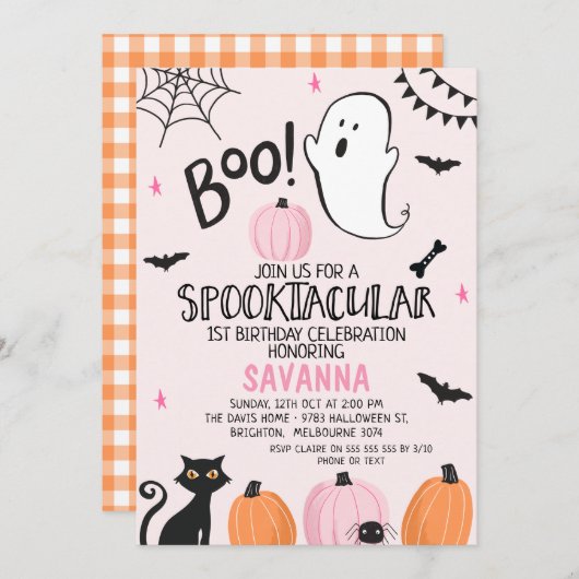 Pink Ghost Spooktacular Halloween 1e Verjaardag Kaart (Voorkant / Achterkant)