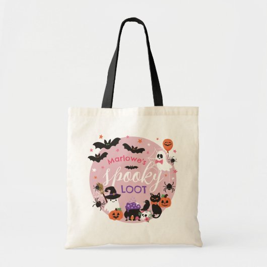 Pink Ghosts Bats Spooky Loot Girl Halloween Tote Bag (Voorkant)
