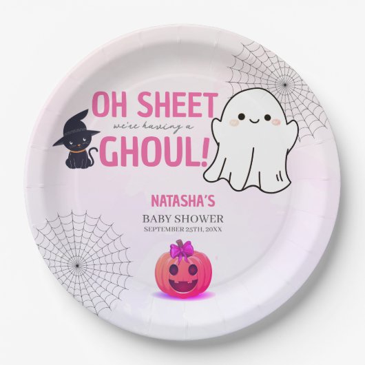 Pink Ghoul Halloween Baby shower Papieren Bordje (Voorkant)