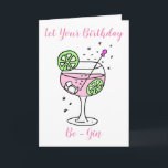 Pink Gin Happy Birthday Kaart<br><div class="desc">illustratie van roze gin in een glas met bubbels, ijsblokjes, plakjes limoen en een swizzle stick in delicate pastelkleuren. Personaliseer deze kaart eenvoudig door de tekst van de sjabloon te bewerken. Op dit moment staat er in berichten 'Laat je verjaardag beginnen' en 'Wens je een heel gelukkige verjaardag'. Bedankt om...</div>