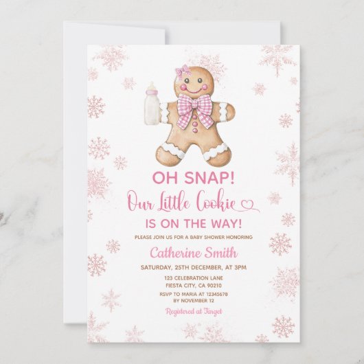 Pink Gingerbread Christmas Baby Shower Snowflakes Kaart (Voorkant)