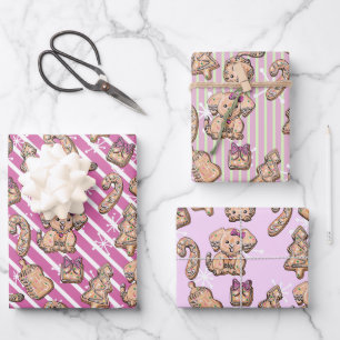 Pink Gingerbread Cookie Kitten & Pup Winter Baby Inpakpapier Vel