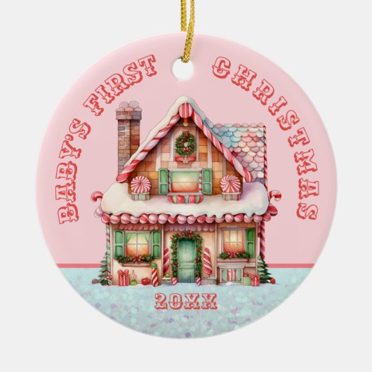 Pink Gingerbread House Baby's Eerste Kerstmis Keramisch Ornament (Voorkant)