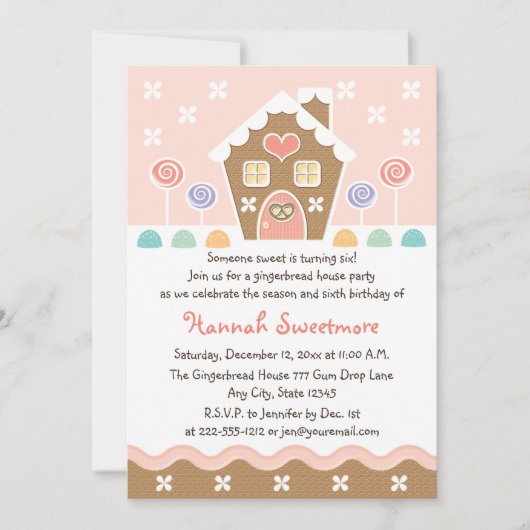 PINK GINGERBREAD HOUSE BIRTHDAY ARTIJ INVITATIES KAART (Voorkant)