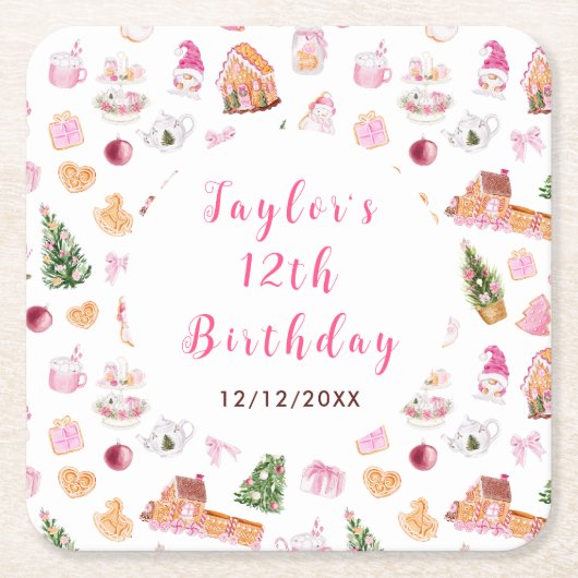 Pink Gingerbread House Birthday Party Kartonnen Onderzetters (Voorkant)