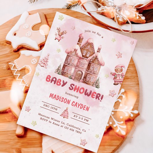 Pink Gingerbread House Christmas Baby shower Kaart