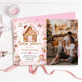 Pink Gingerbread House Christmas Baby Shower Photo Kaart