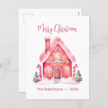 Pink Gingerbread House Christmas Briefkaart