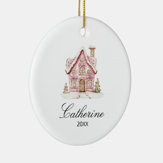 Pink Gingerbread House Christmas Custom Name Keramisch Ornament (Rechts)