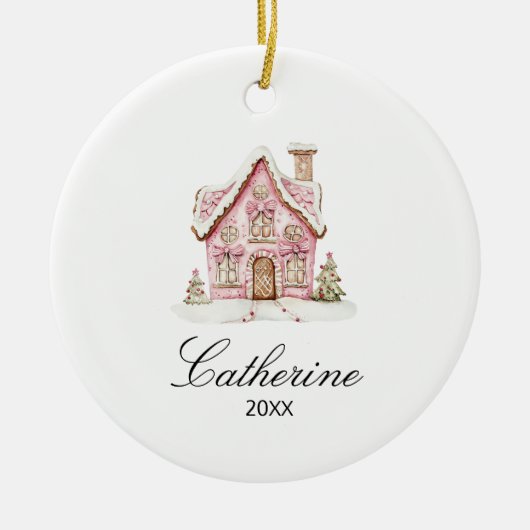Pink Gingerbread House Christmas Custom Name Keramisch Ornament (Voorkant)